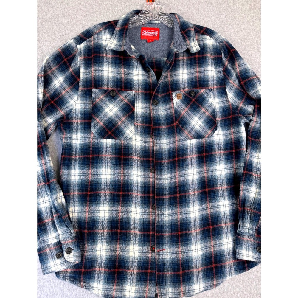 Coleman Flannel Shirt Mens L Blue White Red Plaid Lumberjack Outdoor Button Down